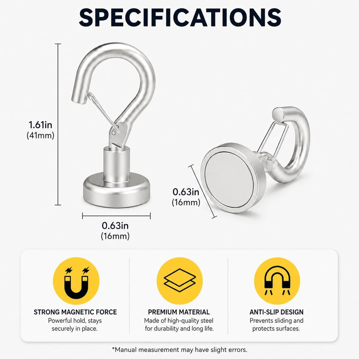 Magvora Magnetic Hooks 22lb Heavy Duty Strong Magnet Hooks with Swivel Snap Hook, 2 Pack