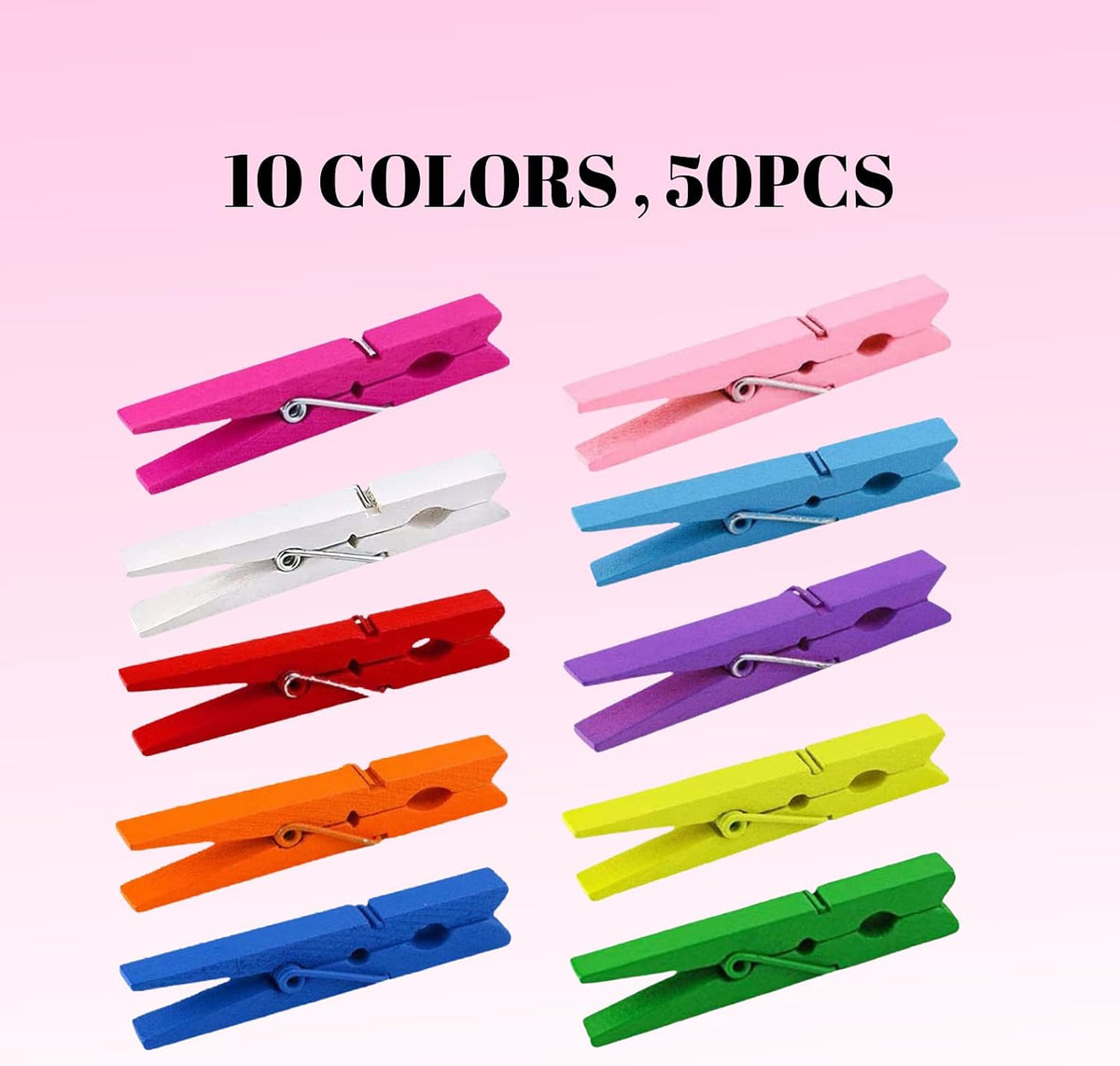 Woodora 10 Colored Wooden Clothespins, 50 Pcs, 2.9 Inch Heavy Duty Clothes Pins Set