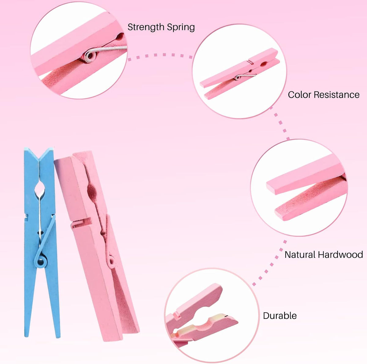Woodora 10 Colored Wooden Clothespins, 50 Pcs, 2.9 Inch Heavy Duty Clothes Pins Set