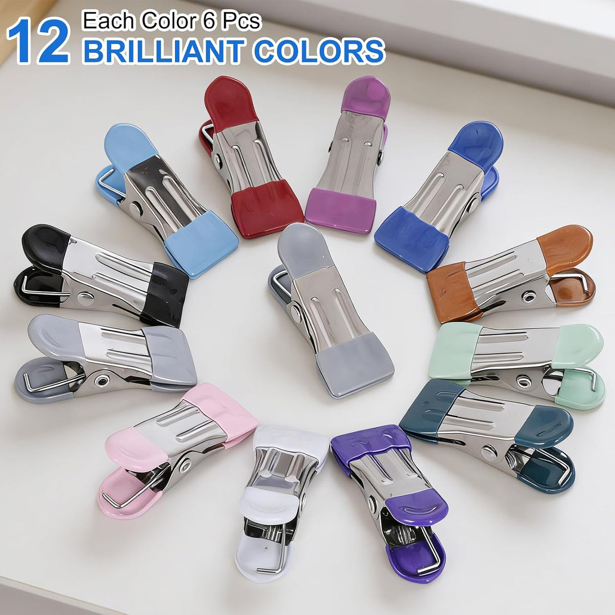 Colvora Clothes Pins Heavy Duty 72 Pack, Metal Clothespins Strong Grip, 12 Color Set