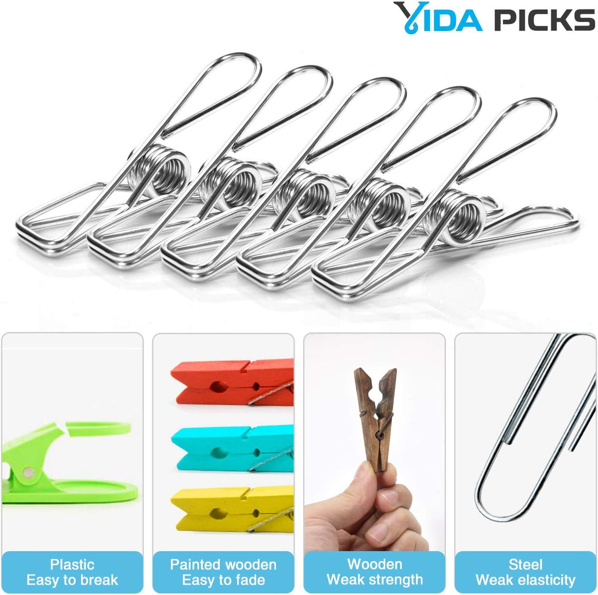 Florava 40 Pack Wire Clothes Pins Heavy Duty Outdoor, Stainless Steel Clothes Pins