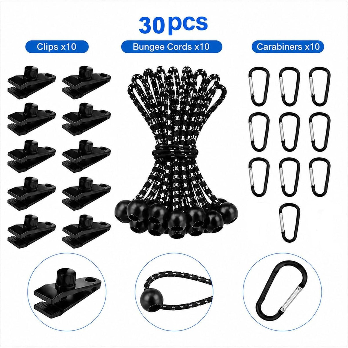 Tarvora Tarp Clips Heavy Duty Lock Grip, 30 Pcs Tarp Tie Downs and Steel Carabiners
