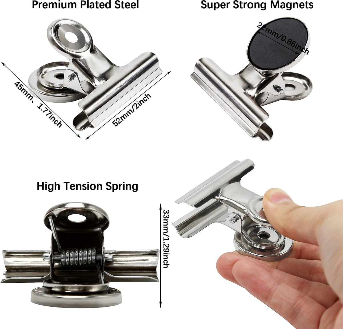Magvora Magnetic Clips 2 Inch, Heavy Duty Magnet Metal Clips for Refrigerator, 10 Pack