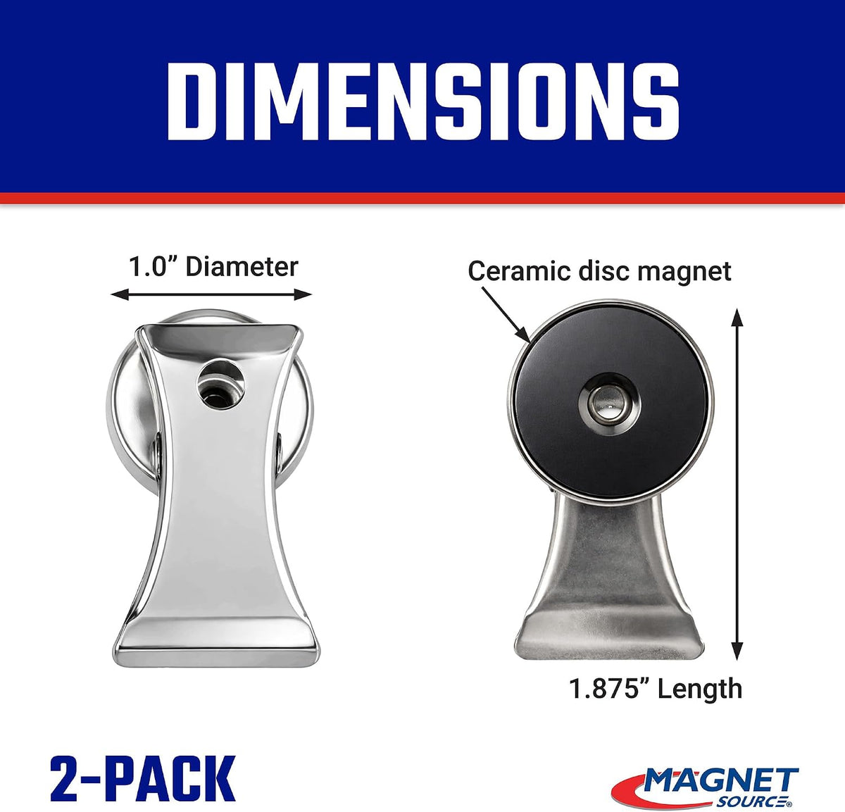 Magvora 7219 Chrome Plated Magnet Base With Clip, 1 Inch Diameter, Pack of 2 Pieces