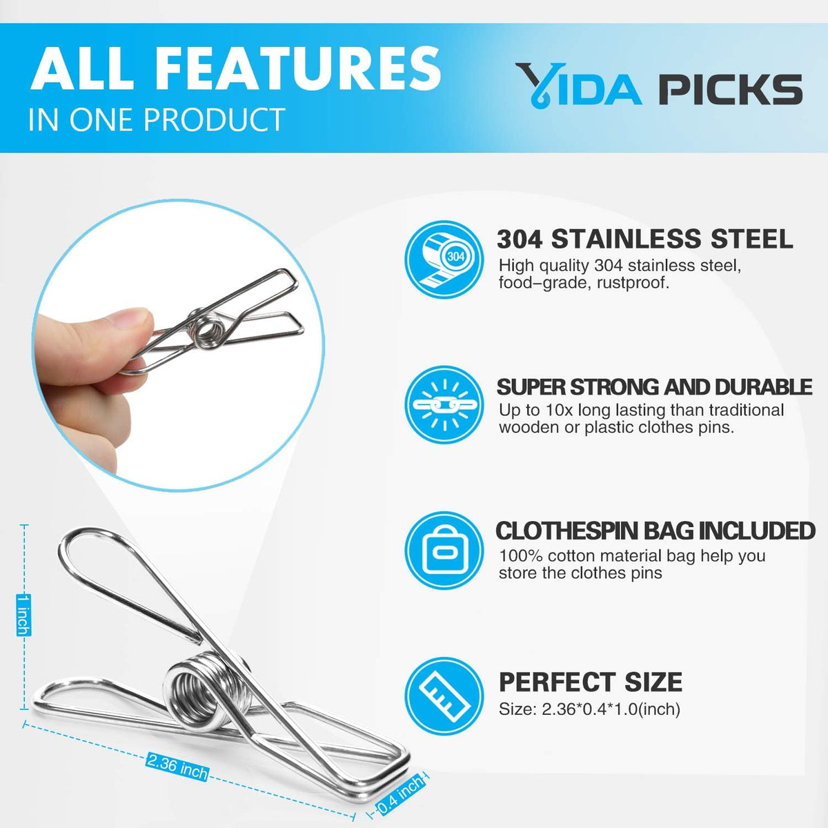 Florava 40 Pack Wire Clothes Pins Heavy Duty Outdoor, Stainless Steel Clothes Pins