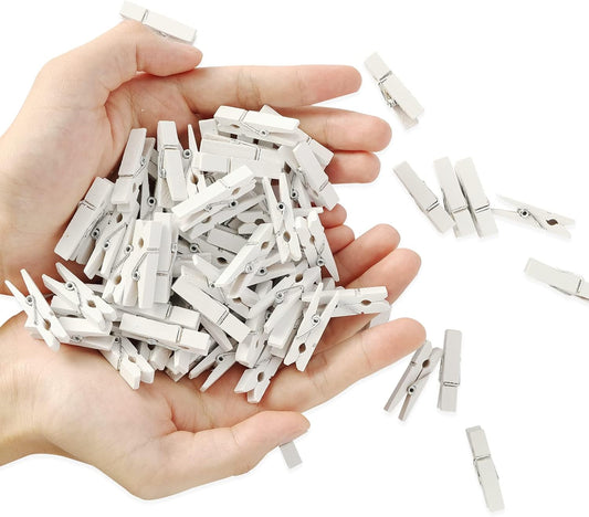 Photoora 128 Pcs Mini Photo Clips, Small Wooden White Clothespins, 1.4 Inch for Crafts