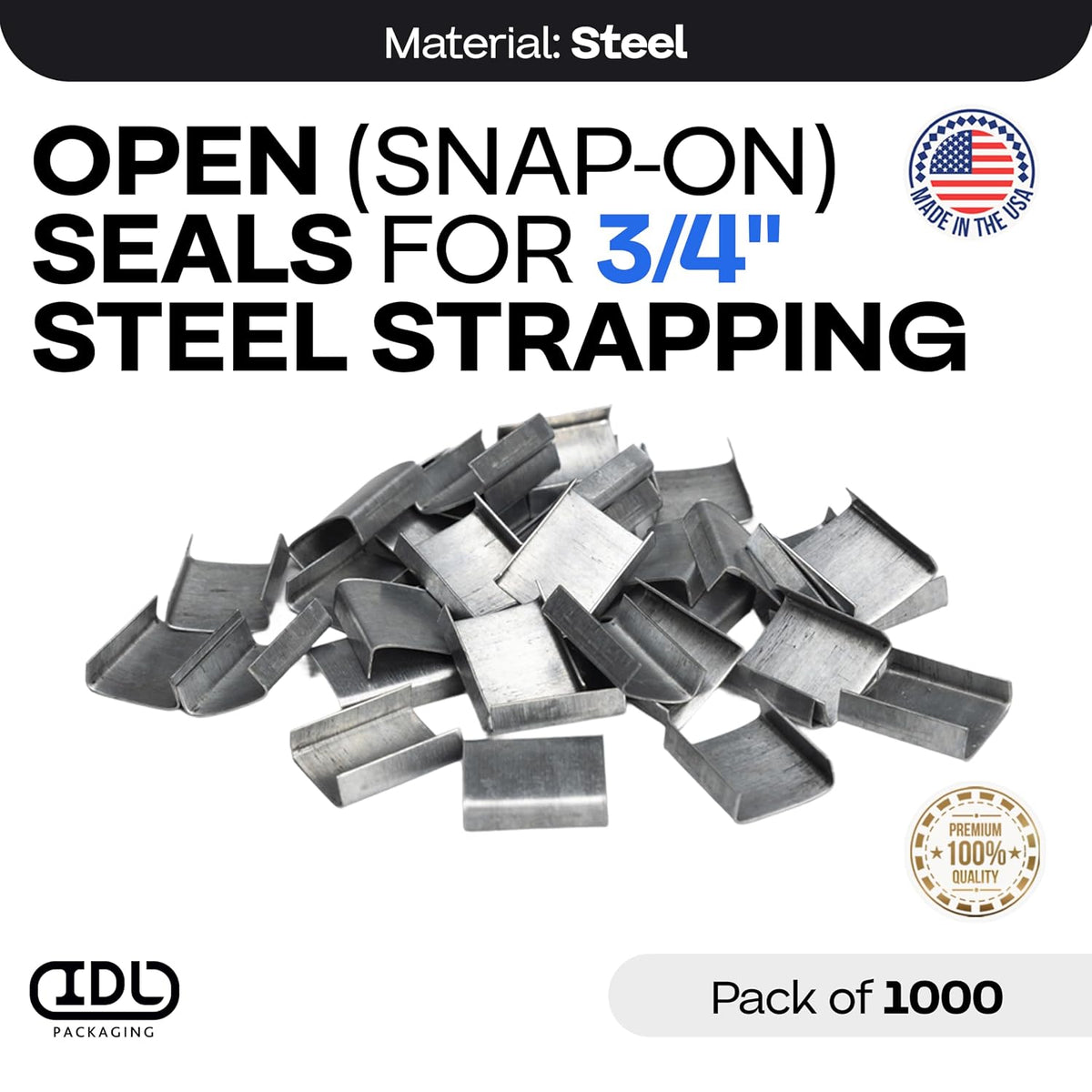 Ivoro Packaging Open Snap-On Seals for 3/4 Inch Strap Width Steel Strapping, 1000 Pack
