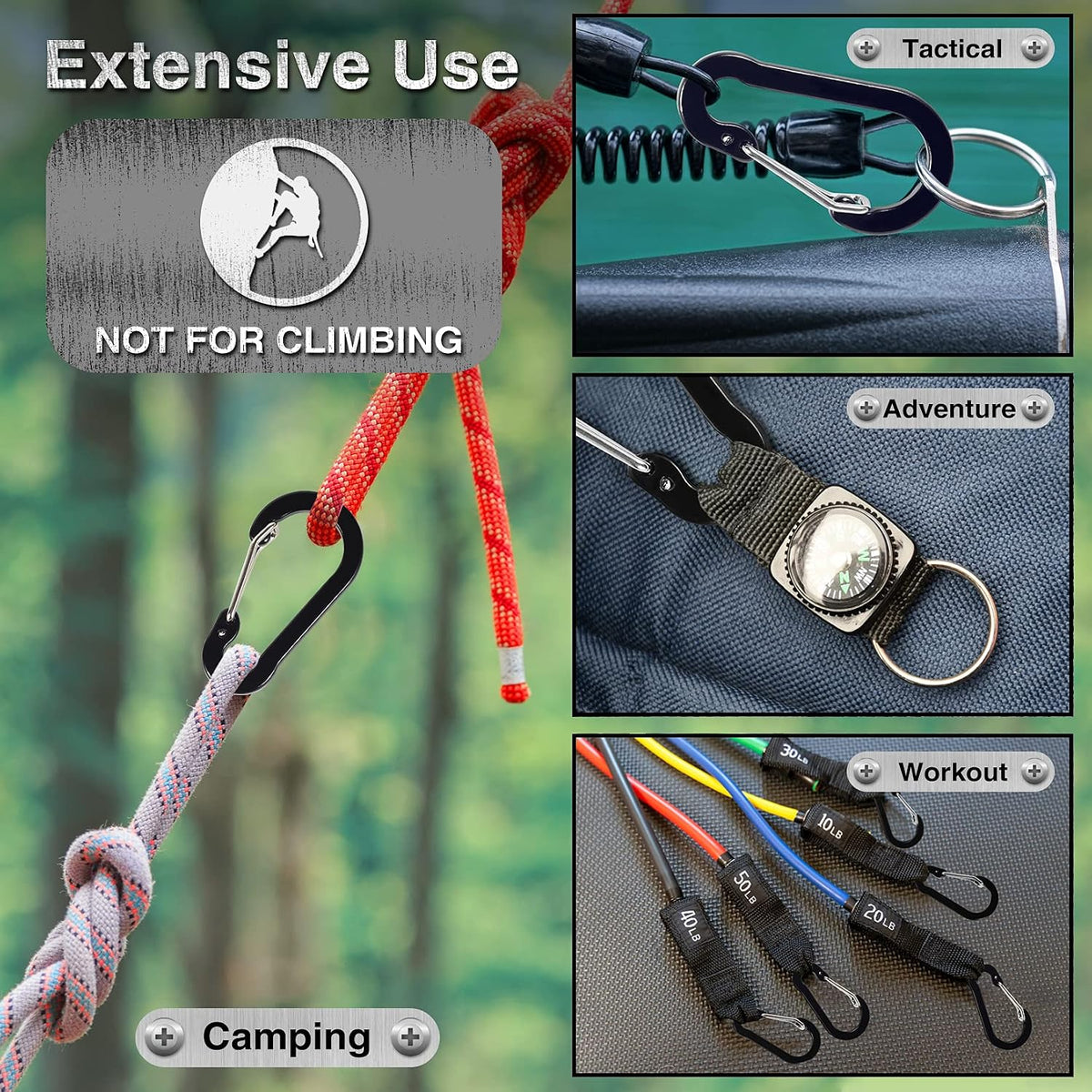 Aluvia 10 Pack Aluminum D Shape Locking Mini Carabiners with Key Rings for Outdoor Use