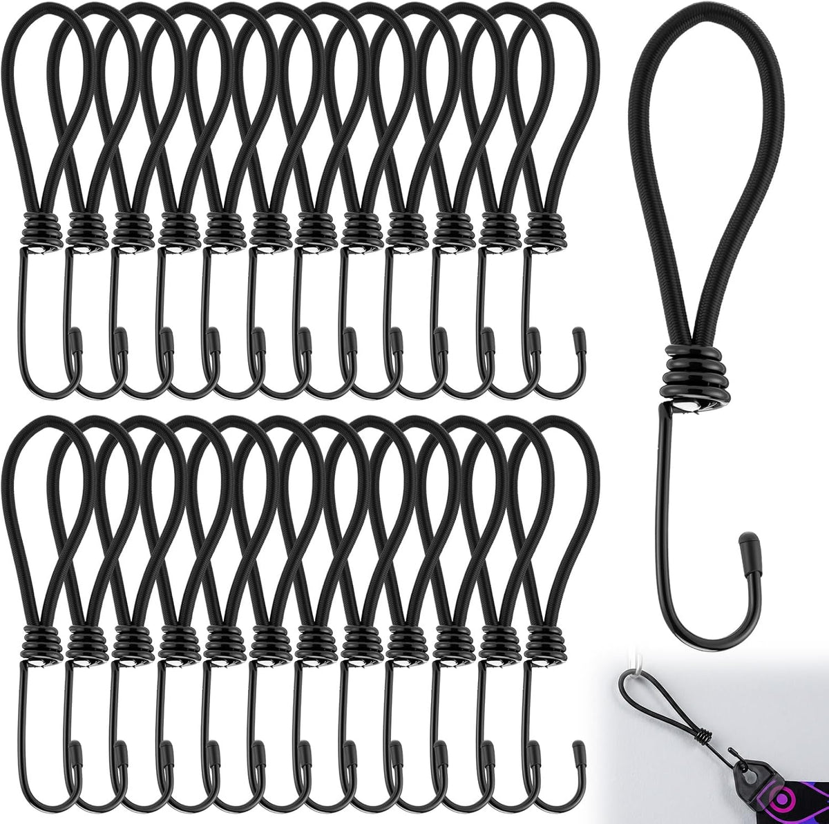 Bunvora 25 Pcs Small Bungee Cords with Hooks, Bulk 5.9 Inch Heavy Duty Tie Down Cords